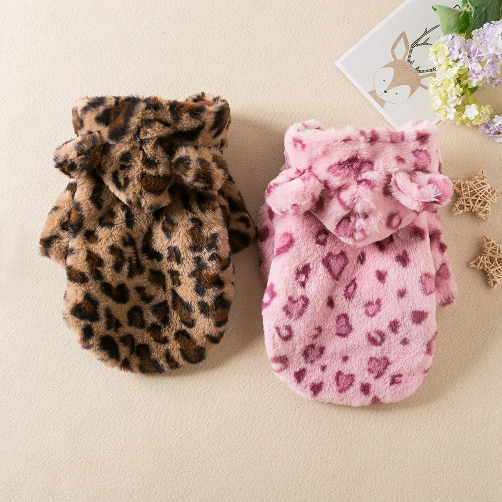 the LEOPARD LUXE HOODIE - Winter Pet Dog Clothes, Warm Fleece Dog Hoodie, Leopard Dog Coat Jacket, French Bulldog Clothing for Small Dogs, Pet Costumes