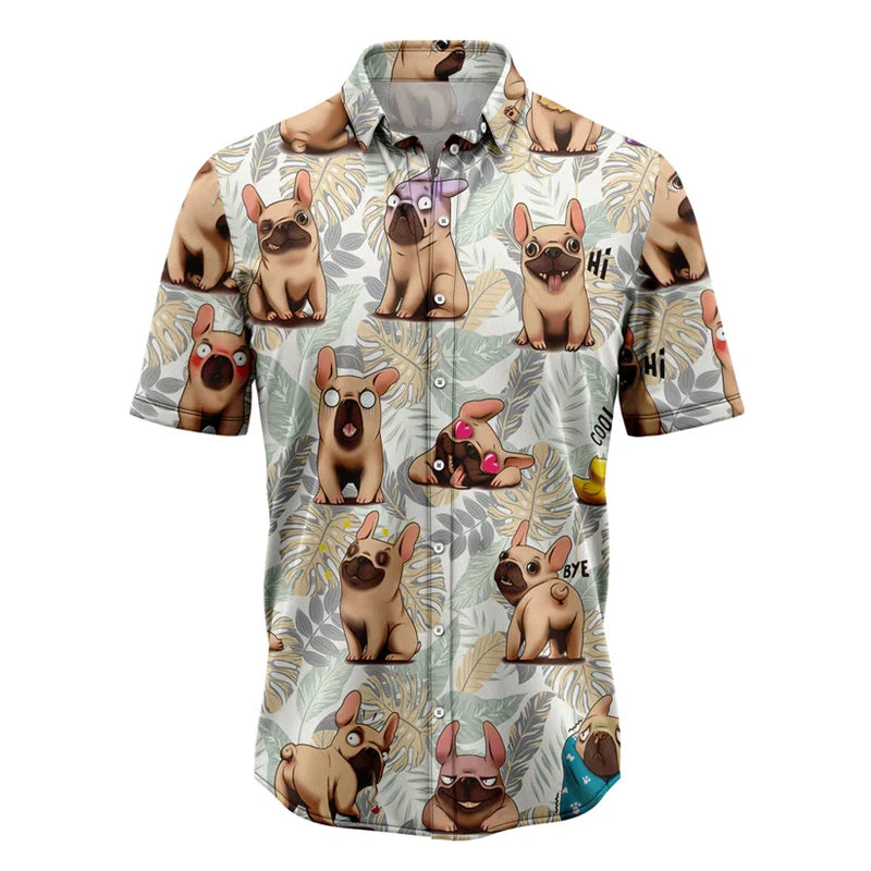 the BULLDOG HAWAII - Funny Bulldog Pattern Hawaiian Shirts, Summer Casual Beach Vacation 3D Cute Dog Printed Shirt, Loose Breathable Dog Lover Blouses