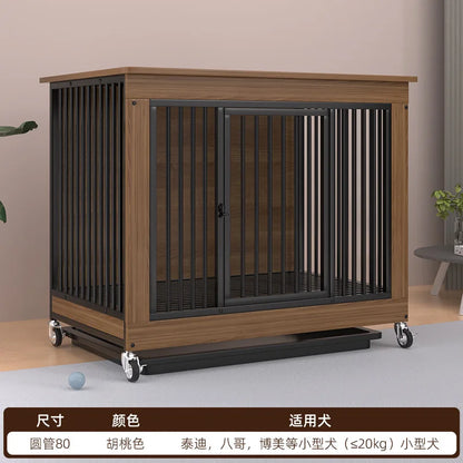 Reinforced Anti-Biting Dog Kennel Sturdy and Durable Wooden Round Pipe Dog Cage with Detachable Wheels Pet Bed