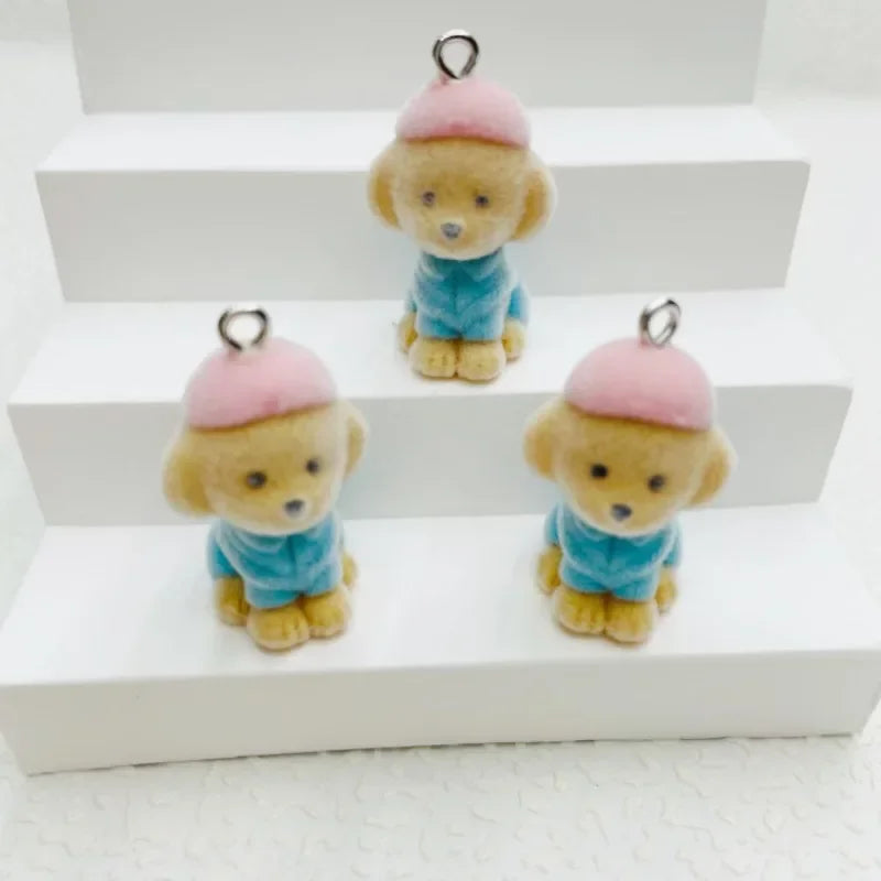 2Pcs 3D Flocking Cute Hat Dog Charms Cartoon Resin Pet Dog Pendant Earring Keychain Accessories For DIY Crafts Jewelry Make
