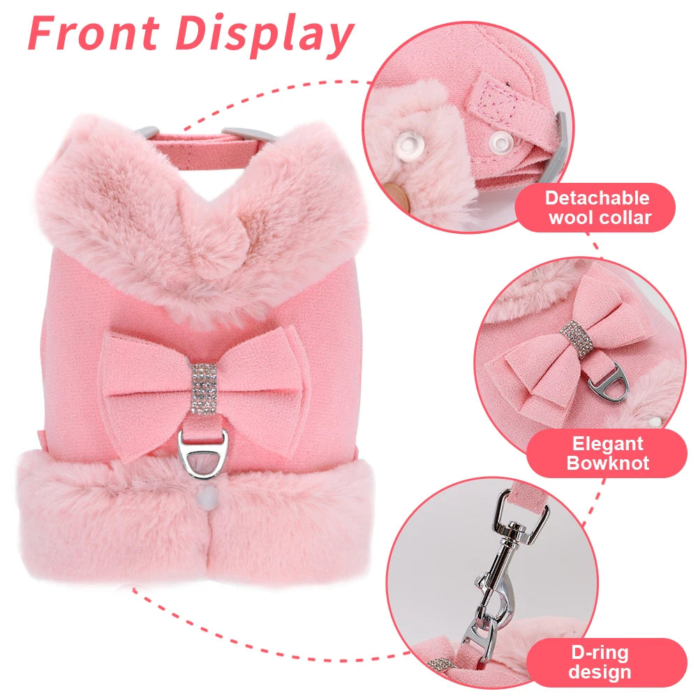 the SPARKLEPAW DIAMOND HARNESS - Warm Winter Dog Harness and Leash Set, Cute Bowknot Pet Fur Vest, Pets/Puppy Clothes Vest, Small Dog Clothing, French Bulldog