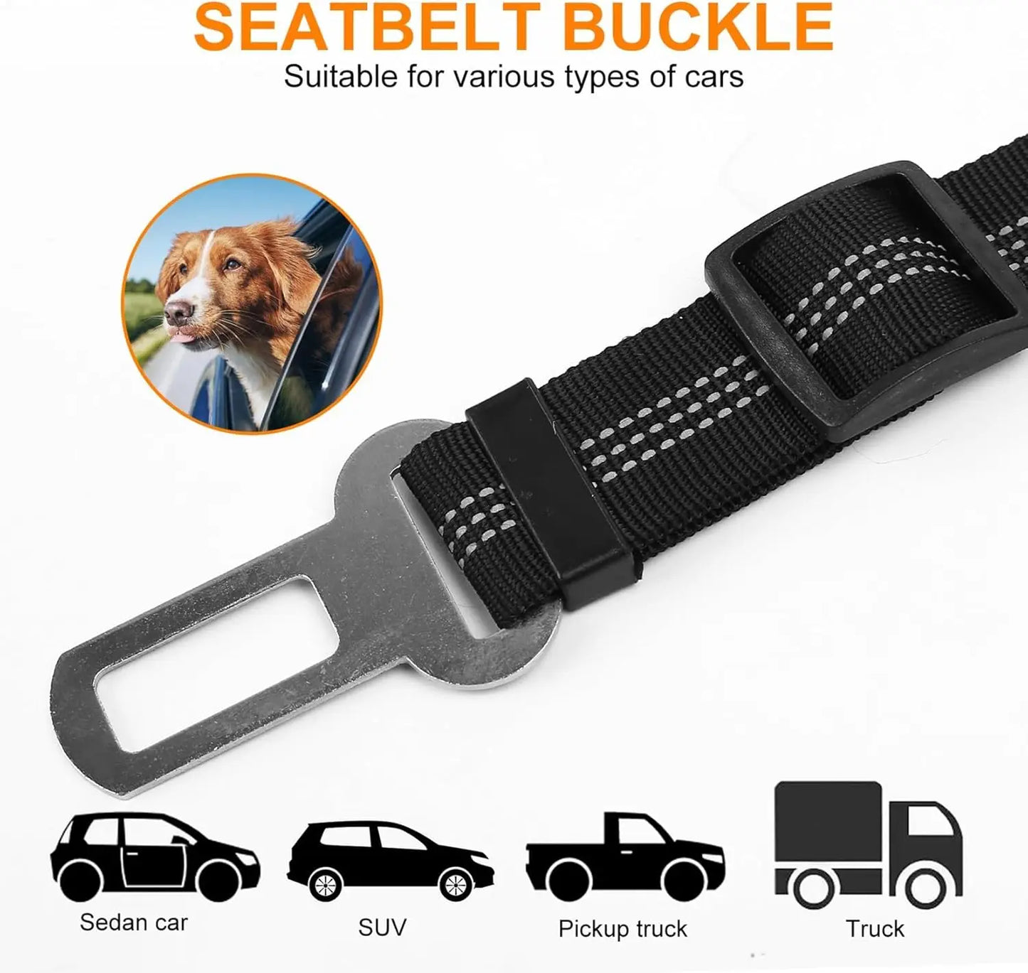 the DOGGY SEAT BELT - Dog Seat Belt Harness for Car, Restraint Adjustable with Elastic Bungee Buffer Headrest for Vehicle, 360° Swivel Carabiner Nylon