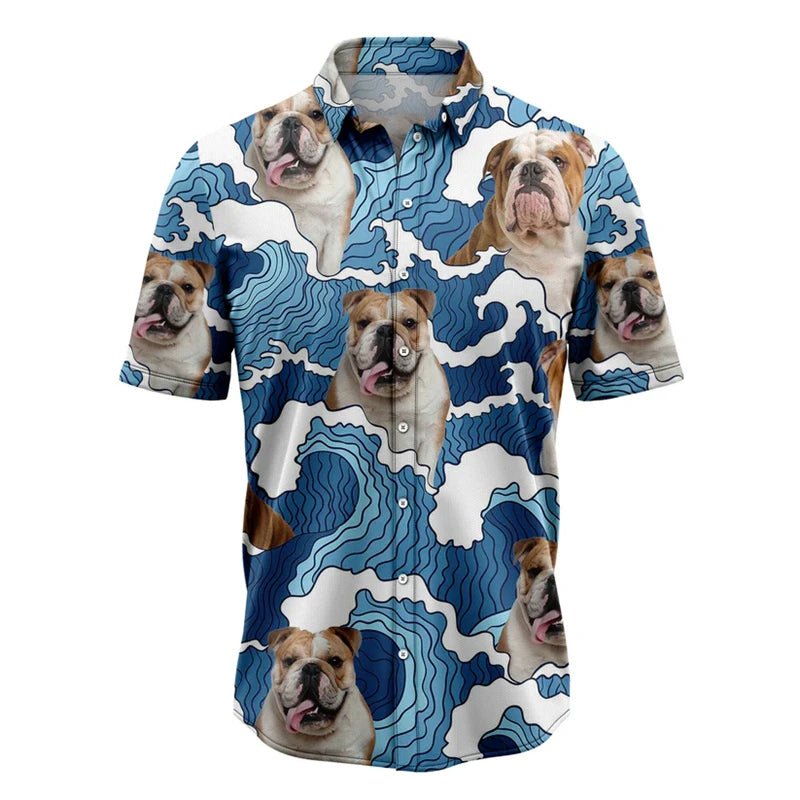 the BULLDOG HAWAII - Funny Bulldog Pattern Hawaiian Shirts, Summer Casual Beach Vacation 3D Cute Dog Printed Shirt, Loose Breathable Dog Lover Blouses