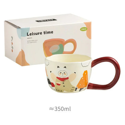 350ML Cartoon Hand Painted Bunny bear Coffee Cups Irregular Ceramic Mug Large Handle Home Office Milk Water Cup Kid's Gifts