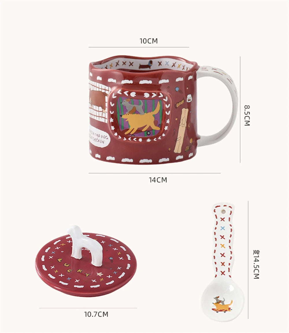 Cartoon Cute Ceramic Mug Dog Red Cup Lid Creative Christmas Water Cup Kitchen Accessories Coffee Cup Dust Cover Holiday Gift