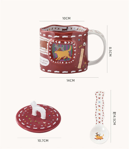 Cartoon Cute Ceramic Mug Dog Red Cup Lid Creative Christmas Water Cup Kitchen Accessories Coffee Cup Dust Cover Holiday Gift