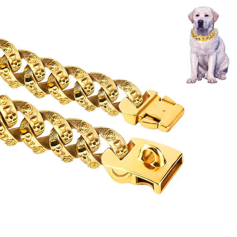 the ALPHALUX STEEL COLLAR - 32mm Gold Dog Collar - Stainless Steel Metal - Pet Choker Lead for Medium/Large Dogs, Pet Accessories, Labrador, Rottweiler
