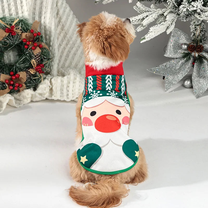 Christmas Santa Dog Vest Warm Fleece, Cartoon Print Pet Jacket, Red/Green, Sleeveless, Sizes S–XL for Small/Medium Dogs