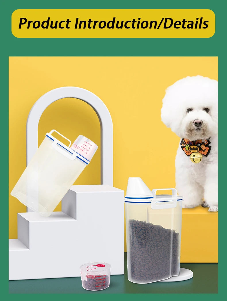 1.5L/2L Dog Cat Food Pail Plastic Storage Tank with Measuring Cup Container Moisture-proof Sealed Jar Pet Supplies Accessories