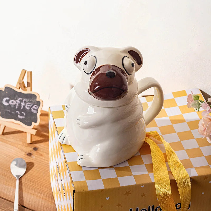 Cartoon Dog Shaped Ceramic Coffee Mug With Lid And Spoon Cute Pug Shaped Breakfast Milk Tea Water Cups Porcelain Cup Funny 500ML