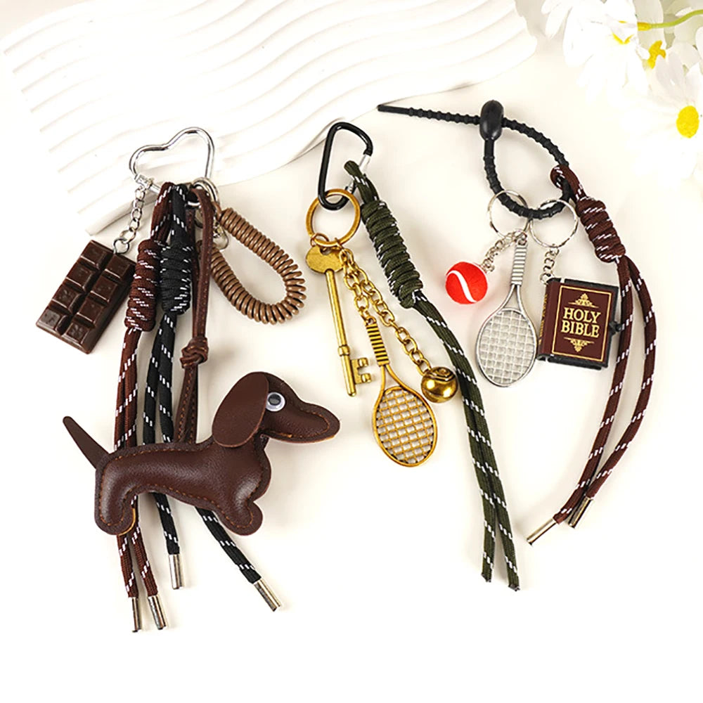 Trendy Gift Cute Sausage Dog Keychain Leather Woven Rope Anti-Lost Luggage Tag Car Bag Charm Men Women Fashion Accessories Gifts