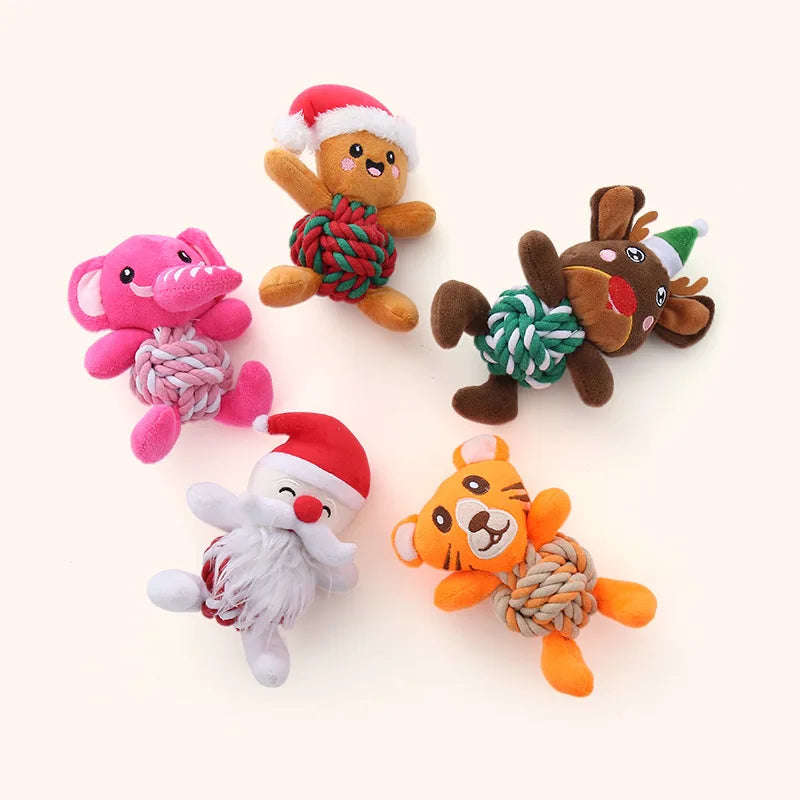 the MERRY PLUSH MUNCHERS - Christmas Plush Dog Toys with Cotton Rope & Squeakers, Chew Resistant Animal Dental Toys for Puppies, Teething Chew Toys