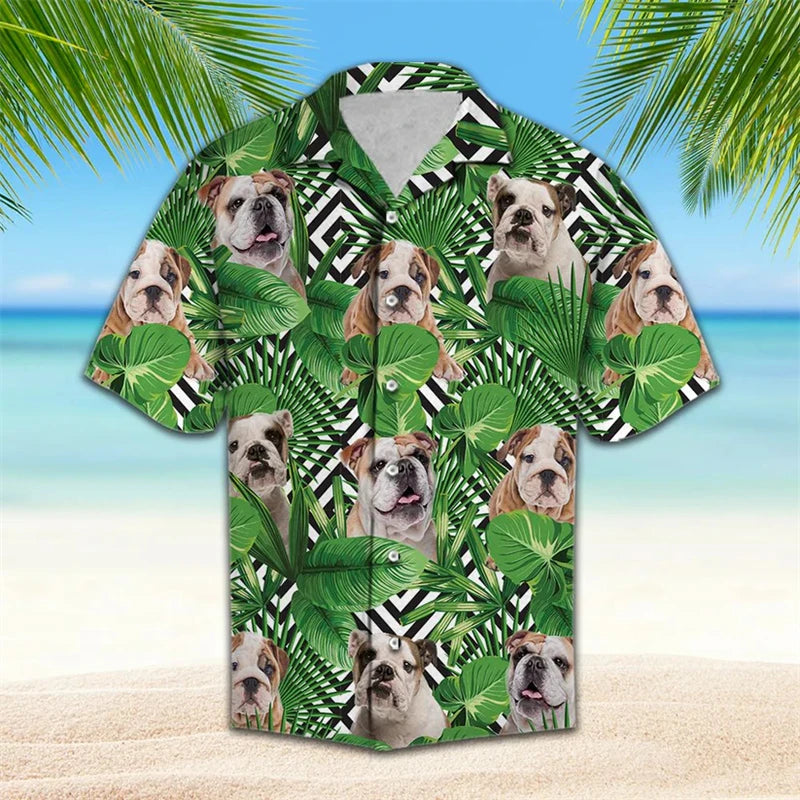 the BULLDOG HAWAII - Funny Bulldog Pattern Hawaiian Shirts, Summer Casual Beach Vacation 3D Cute Dog Printed Shirt, Loose Breathable Dog Lover Blouses