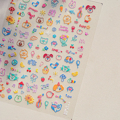 Graffiti Cat Claw Rabbit Bunny Bear Dog Flower Lovely Animal Fruit Dim Sum Candy Sunflower Adhesive 5D Nail Art Stickers Decal