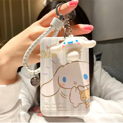 Kawaii Sanrio Cinnamoroll Keychain Cartoon Dog Sliding Card Holder Student Meal Bus Card Lady ID Card Credit  Holder