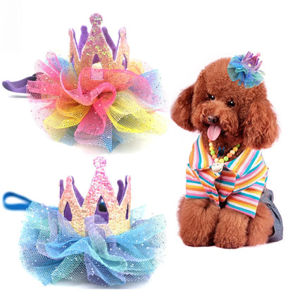 Crown Shaped Pet Hat Gauze Mesh Decorative Headwear for Small to Large Dogs Cats Birthday Party Parade Photo Shoot Purple