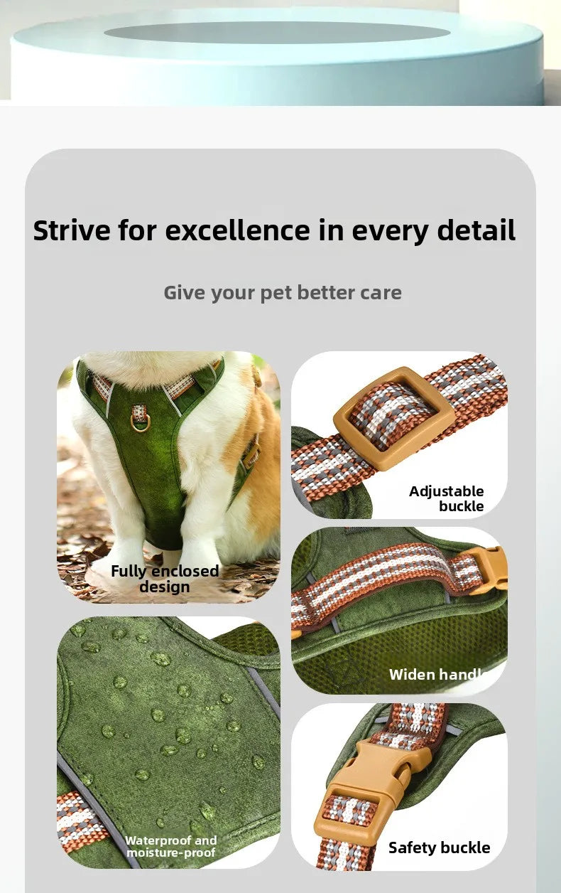 Retro leather pet chest strap, explosion-proof, reflective dog chest and back, breathable and adjustable