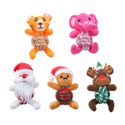 the MERRY PLUSH MUNCHERS - Christmas Plush Dog Toys with Cotton Rope & Squeakers, Chew Resistant Animal Dental Toys for Puppies, Teething Chew Toys