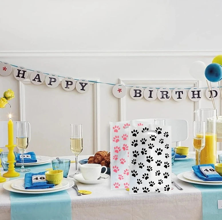 30/20/10pcs Pink Paw Gift Bag Birthday Decoration Black Footprints Dog Cat Handle Goody Bags Biscuit Wrapper Kids Party Supplies