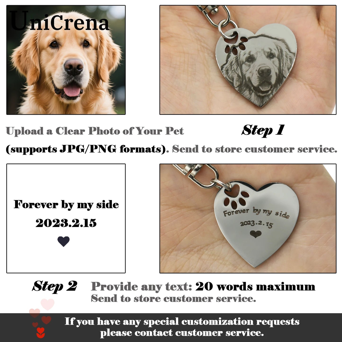 UniCrena Engraved Dog Keychain - Custom Pet Picture Keychain for Dog Cat Lovers Pet Loss Sympathy Gift Stainless Steel Heart