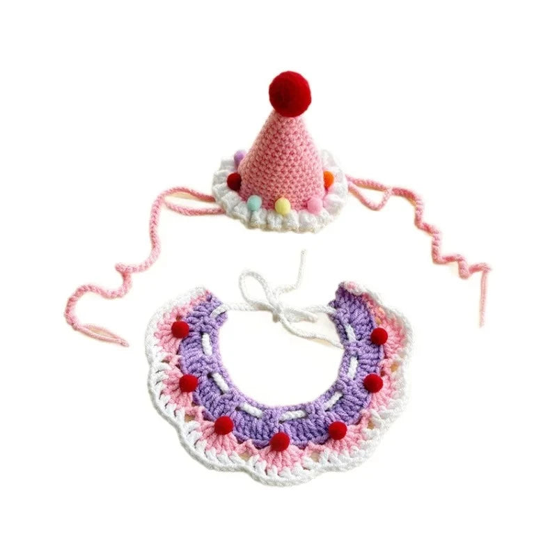 the CROCHET CANINE - Pet Dog/Cat Birthday Hat, Pet Party Dress Up, Photo Decoration, Dog Neck Cute Handmade Set, Dog Accessories for Small Dogs/Puppy
