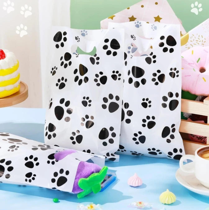 30/20/10pcs Pink Paw Gift Bag Birthday Decoration Black Footprints Dog Cat Handle Goody Bags Biscuit Wrapper Kids Party Supplies