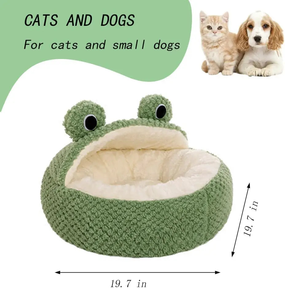 Pet Bed for Small Dogs Cats, Winter Warm Plush Round Puppy Bed Green Cartoon Frog Design Dog Nest Cat Basket