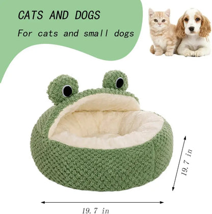 Pet Bed for Small Dogs Cats, Winter Warm Plush Round Puppy Bed Green Cartoon Frog Design Dog Nest Cat Basket