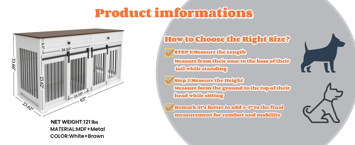 the DOG SPACE - 63 Inch Wooden Double Dog Crate with 2 Drawers and Sliding Door