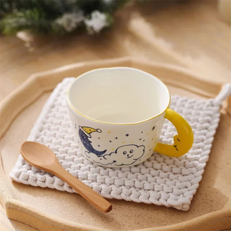 300ml Creative Cartoon Ladybug Dog Pattern Coffee Cup with Moon Handle Ceramic Mug Breakfast Milk Cups for Kids Birthday Gift