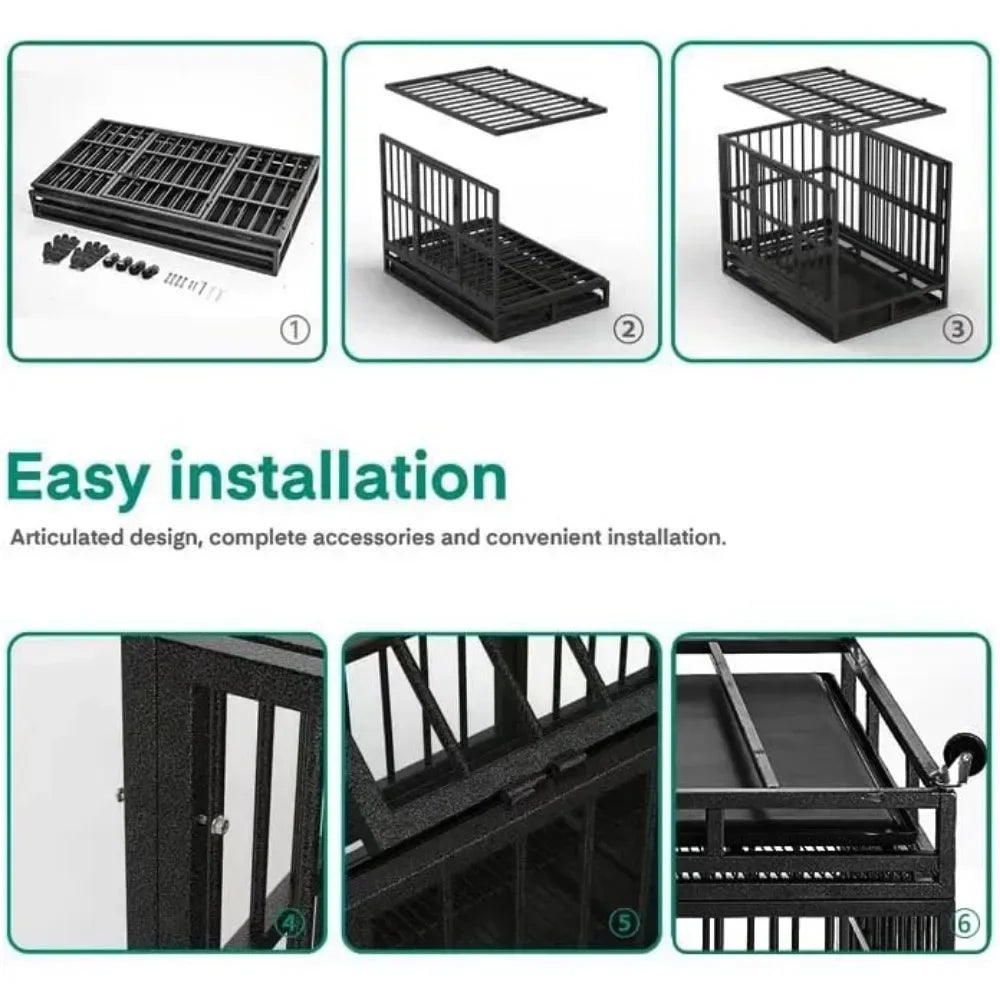 the IRON MAIDEN DOG CRATE - 48/38 Inch Heavy Duty Dog Crate, Cage Kennel with Wheels, High Anxiety Indestructible, Sturdy Locks Design, Door and Removable