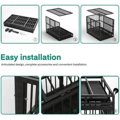 the IRON MAIDEN DOG CRATE - 48/38 Inch Heavy Duty Dog Crate, Cage Kennel with Wheels, High Anxiety Indestructible, Sturdy Locks Design, Door and Removable