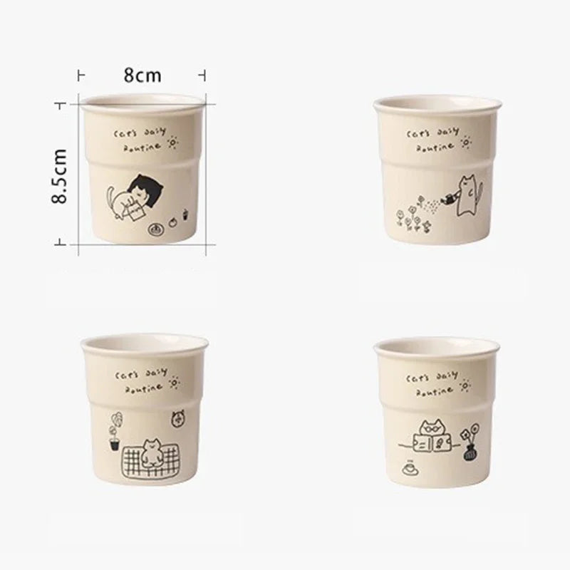 225ml High-quality Ceramic Mugs, Hand-held Cups,simple Cat Illustrations, Breakfast Milk Cups Family Afternoon Tea Cups As Gifts