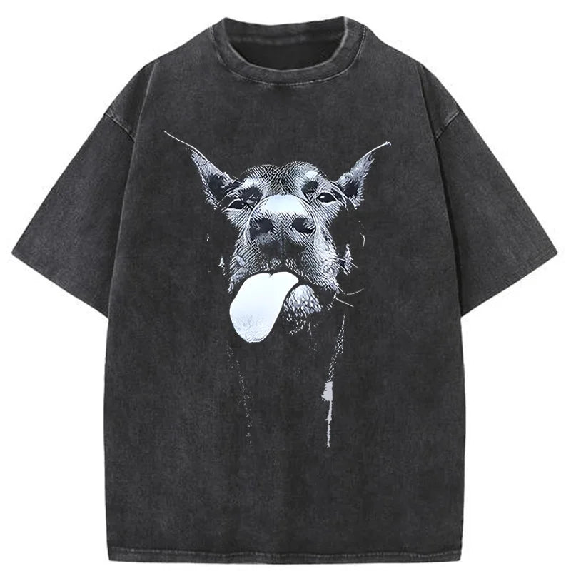 the ALPHA ATTITUDE - Men Gothic Letter Dog Printed T-Shirt, Hip Hop Streetwear Punk Summer Vintage Washed Oversized T-Shirts