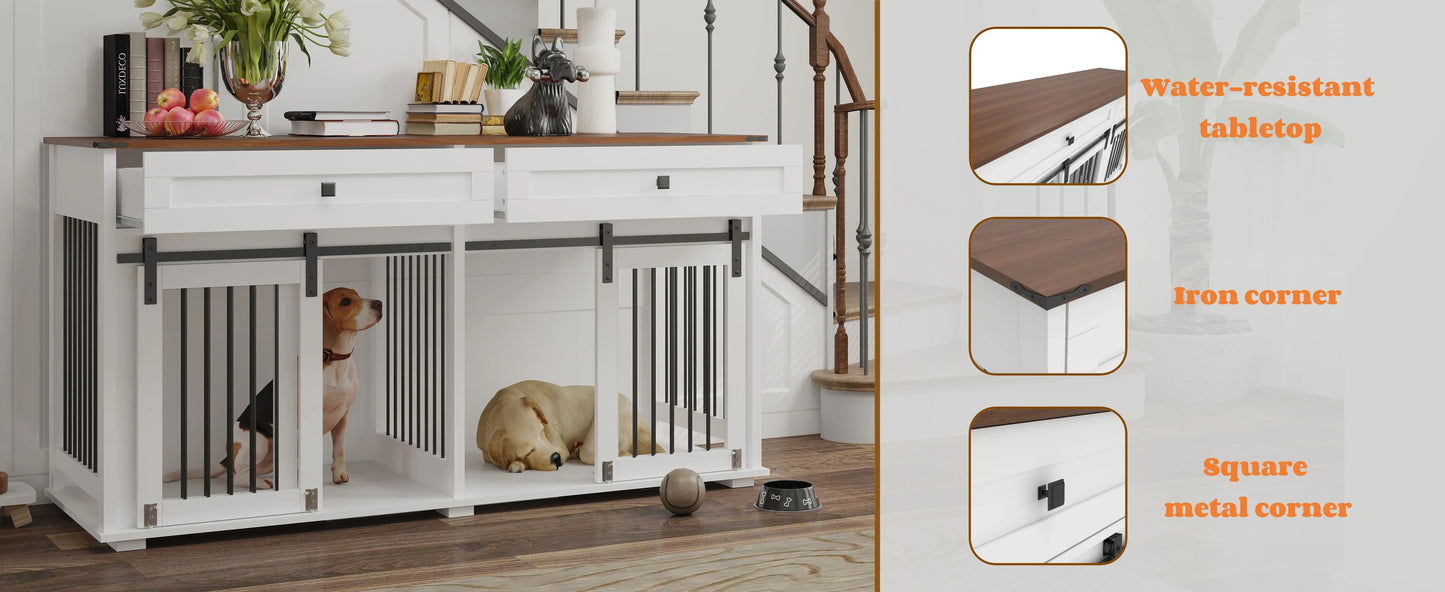 the DOG SPACE - 63 Inch Wooden Double Dog Crate with 2 Drawers and Sliding Door