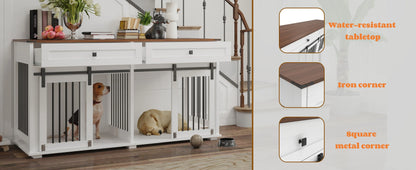 the DOG SPACE - 63 Inch Wooden Double Dog Crate with 2 Drawers and Sliding Door
