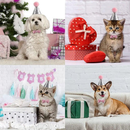 2Pcs/set Pet Dogs Caps With Bowknot Cat Dog Birthday Costume Sequin Design Headwear Cap Hat Christmas Party Pets Accessories