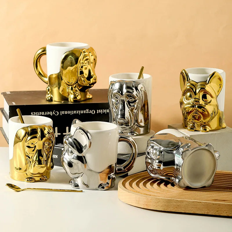 1pc Creative Stereo Dog Coffee Cup Cartoon Animal Tea Cup Gold Plated Silver Dog Ceramic Mug Couple Gift Oatmeal Mug Home Decor