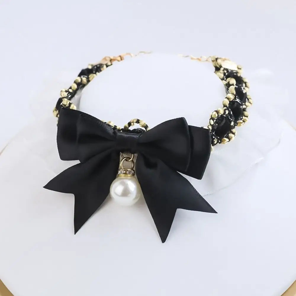 the PEARL COLLAR - Cute Dog Collar, Lace Bowknot Pearl Cat/Dog Necklace, Sweet Neck Decoration, Elegant Gentle Puppy Necktie, Kitten Bibs, Pet Supplies