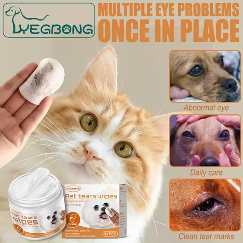 the PET TEAR WIPES - 60pcs/Set Eye Wet Wipes, Universal Disposable Non-Woven Wet Towels, Ear Stain Remover, Dog/Cat Wipes, Grooming Tools Pet Accessories