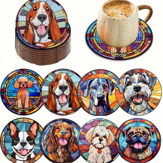 8pcs Dog Themed Diamond Painting Coaster Kits, DIY Craft Stained Glass Style Round Diamond Art Coasters
