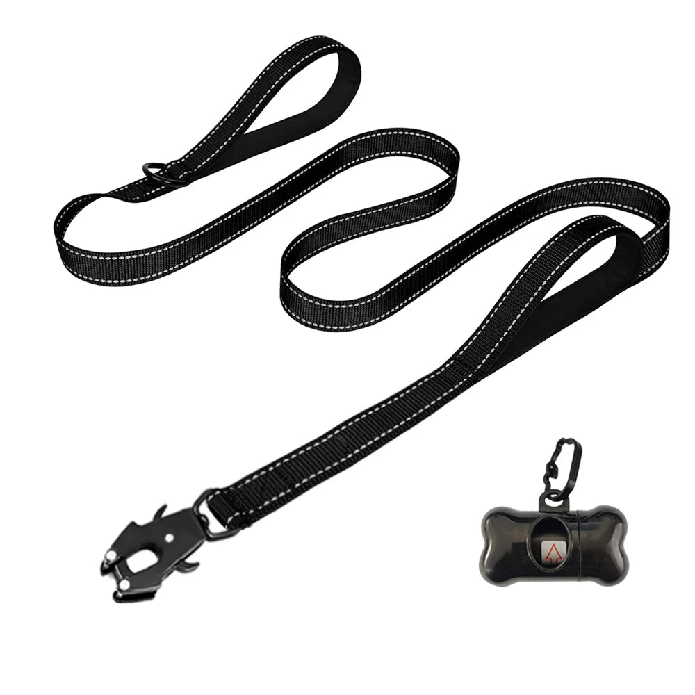 the COMMANDPRO REFLECTIVE LEASH - Heavy Duty Dog Leash - Nylon Reflective with Soft Padded 2 Handle & Auto Lock, Frog Clip, Outdoor Dog Leash with a Dog Poop Bag