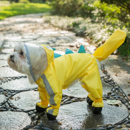 the YELLOW DINOSAUR - Small Dog Raincoat, Pet Four Foot Waterproof Full Wrap, Teddy Bichon Schnauzer Puppy Raincoat with Feet, Casual Dog Clothes