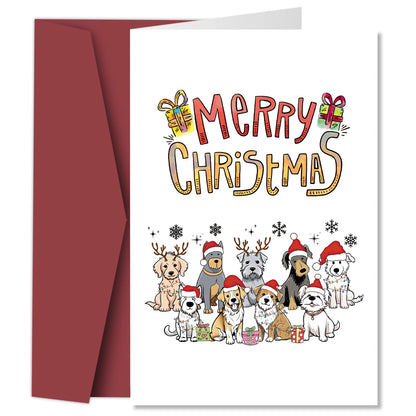 Festive Christmas Dogs Greeting Card,Cute Puppy with Santa Hat & Elk Horns Christmas Cards,Novelty Holiday Gift for Dog Lovers