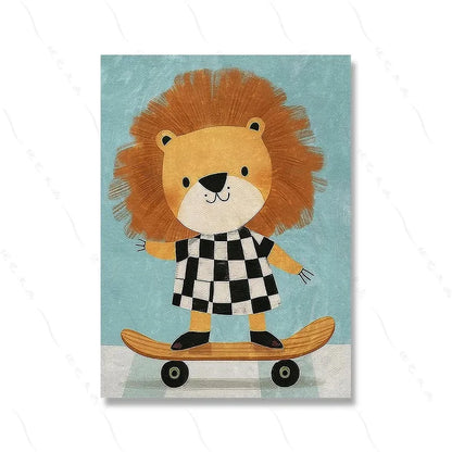 Funny Animals Lion Cheetah Dog Bear Skateboard Posters Prints Wall Art Canvas Nursery Pictures for Kids Girls Boys Room Decor
