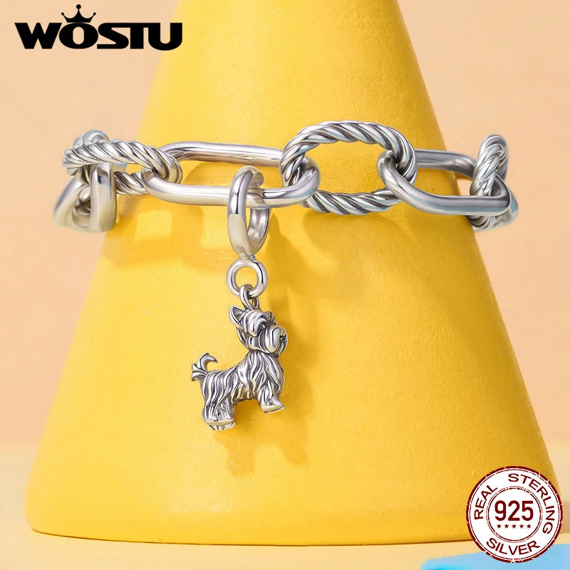 WOSTU 925 Sterling Silver Pet Dog Charm Pomeranian Pendant Yorkshire Terrier Locket Cute Original Fit for Women Bracelet DIY