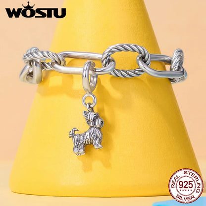 WOSTU 925 Sterling Silver Pet Dog Charm Pomeranian Pendant Yorkshire Terrier Locket Cute Original Fit for Women Bracelet DIY