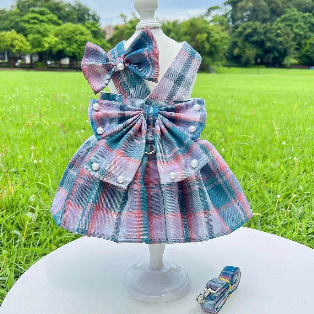 Pet Dog Cat JK Dresses Strap Bow Tie Harness Leash Dog Clothing Skirt Cat Pet Clothing Cosplay Christmas Checker Clothes