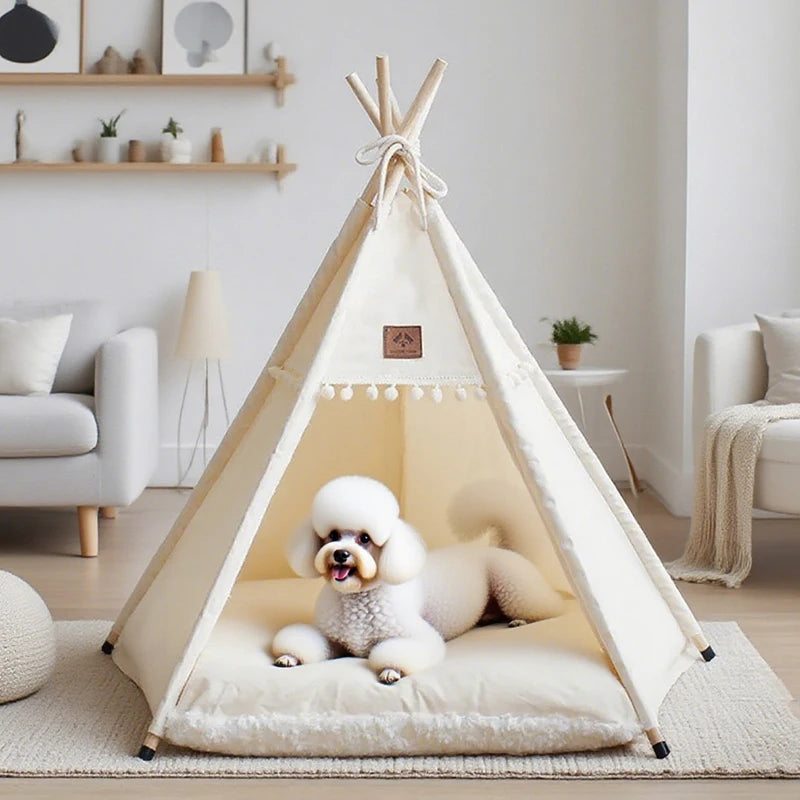 the BEIGE TEEPEE - Dog/Cat Teepee Pets Tent, Portable Dog Tent Bed with Plush Cushion, Soft Kennels Playhouse Removable and Washable Puppy Teepee