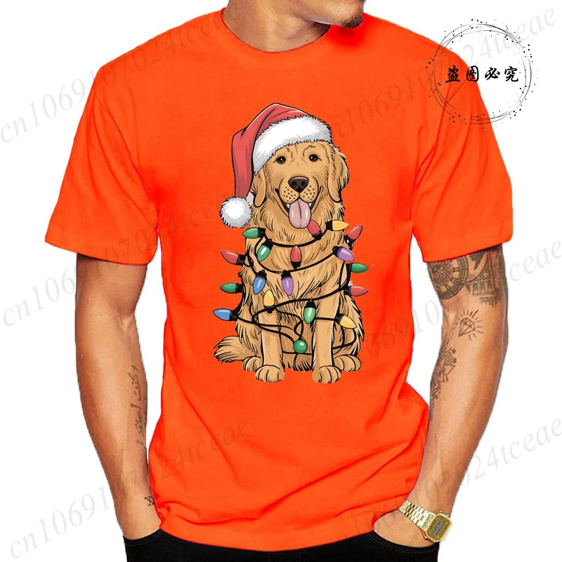 the GOLDEN CHRISTMAS - New Men's T-Shirts Christmas Golden Retriever Print T-Shirts, Round Neck Short Sleeve Casual T-Shirt, Happy New Year Dog Shirts